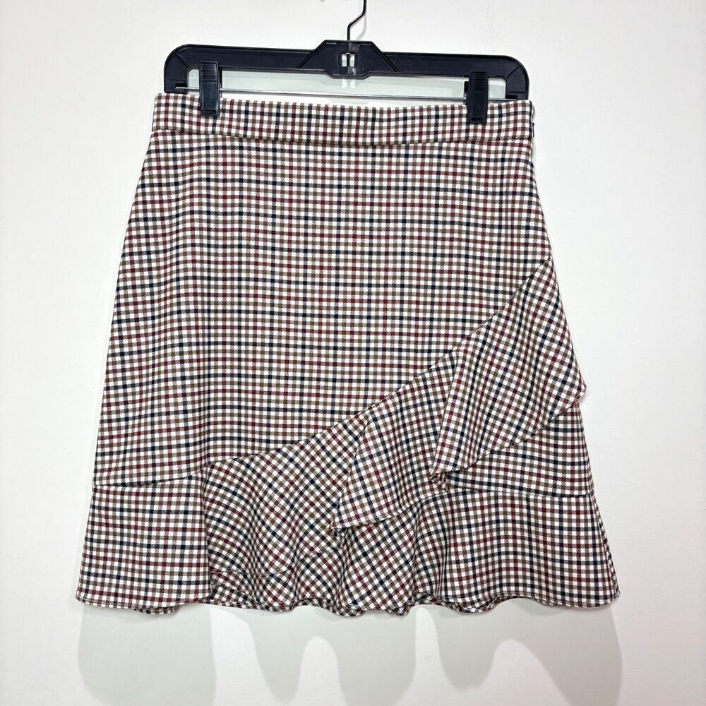 Brooks Brothers Plaid Wool Skirt Women 8 Brown Ruffles Preppy Academia Heritage